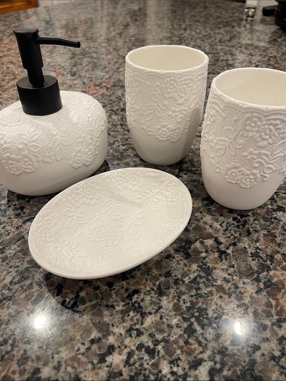 NEW White Embossed Floral Ceramic Bath Set - 4 Piece